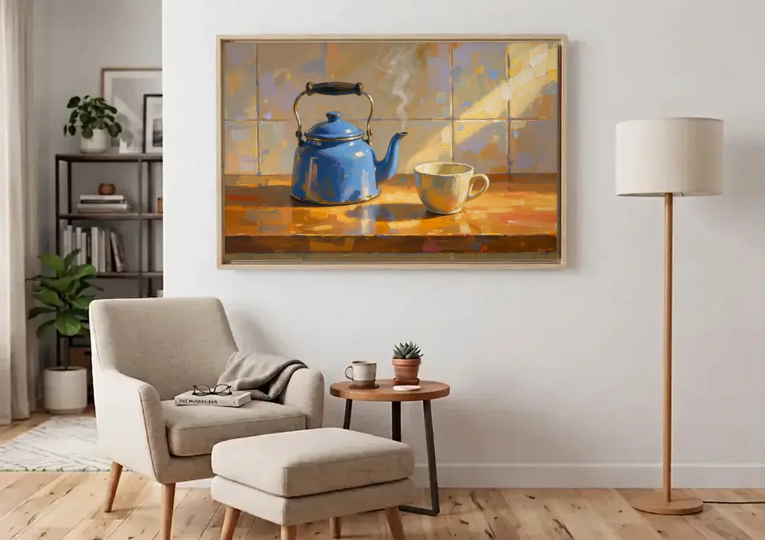 Kitchen Art Prints with a Blue Kettle and Cup canvas wall art above an armchair in a bright living room