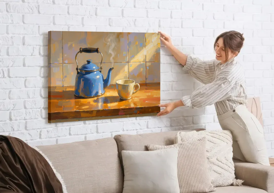 Kitchen Art Prints with a Blue Kettle and Cup canvas wall art being hung on a white brick wall above a sofa