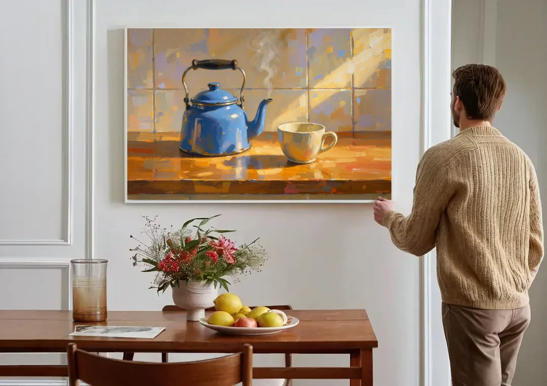 Kitchen Art Prints with a Blue Kettle and Cup canvas wall art above a dining table