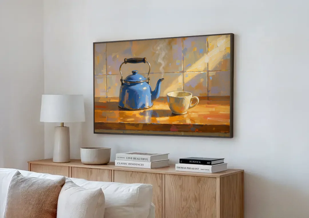 Kitchen Art Prints with a Blue Kettle and Cup canvas wall art above a wooden sideboard next to a sofa
