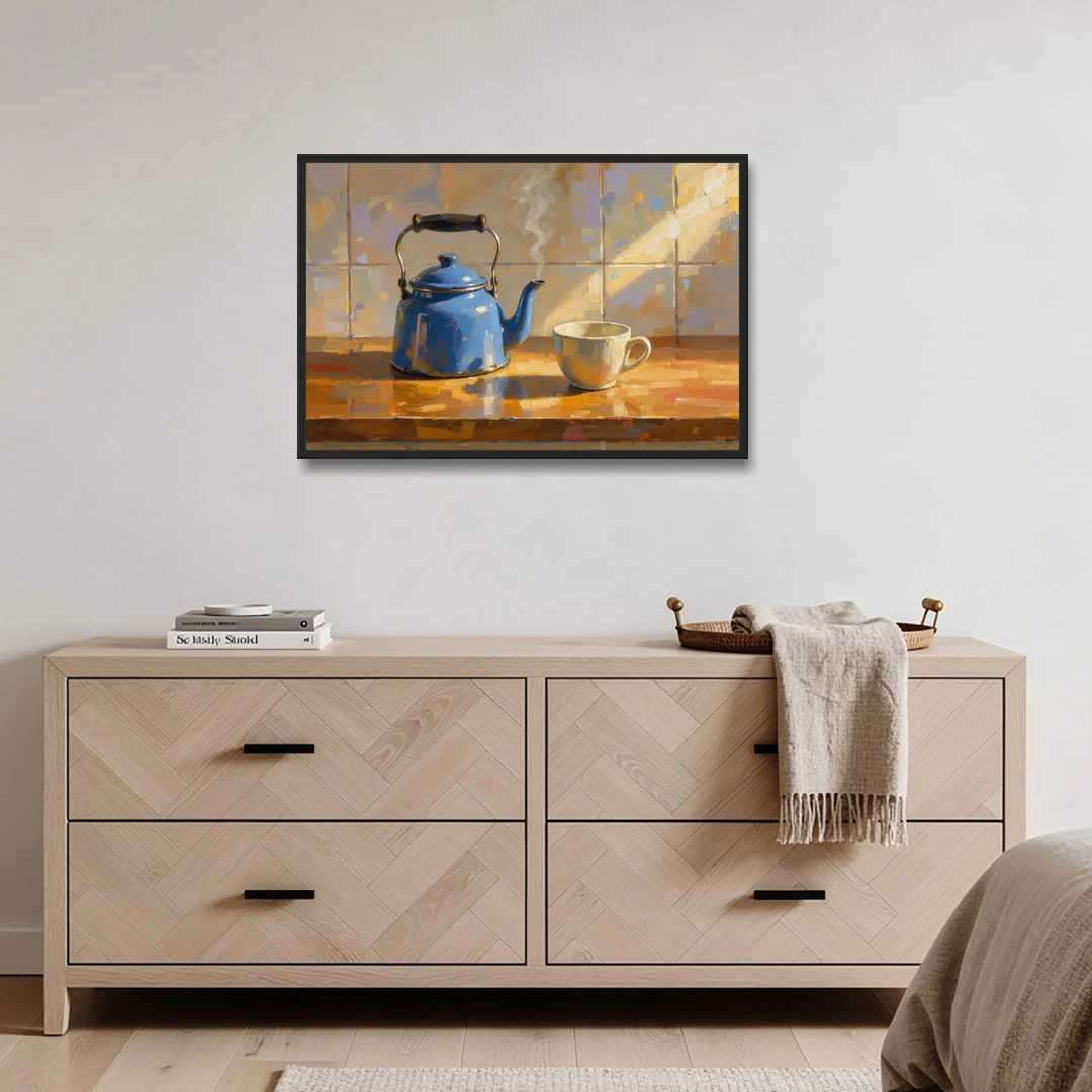 Kitchen Art Prints with a Blue Kettle and Cup - Black Framed Canvas Wall Art - Coffee Table - 36x24