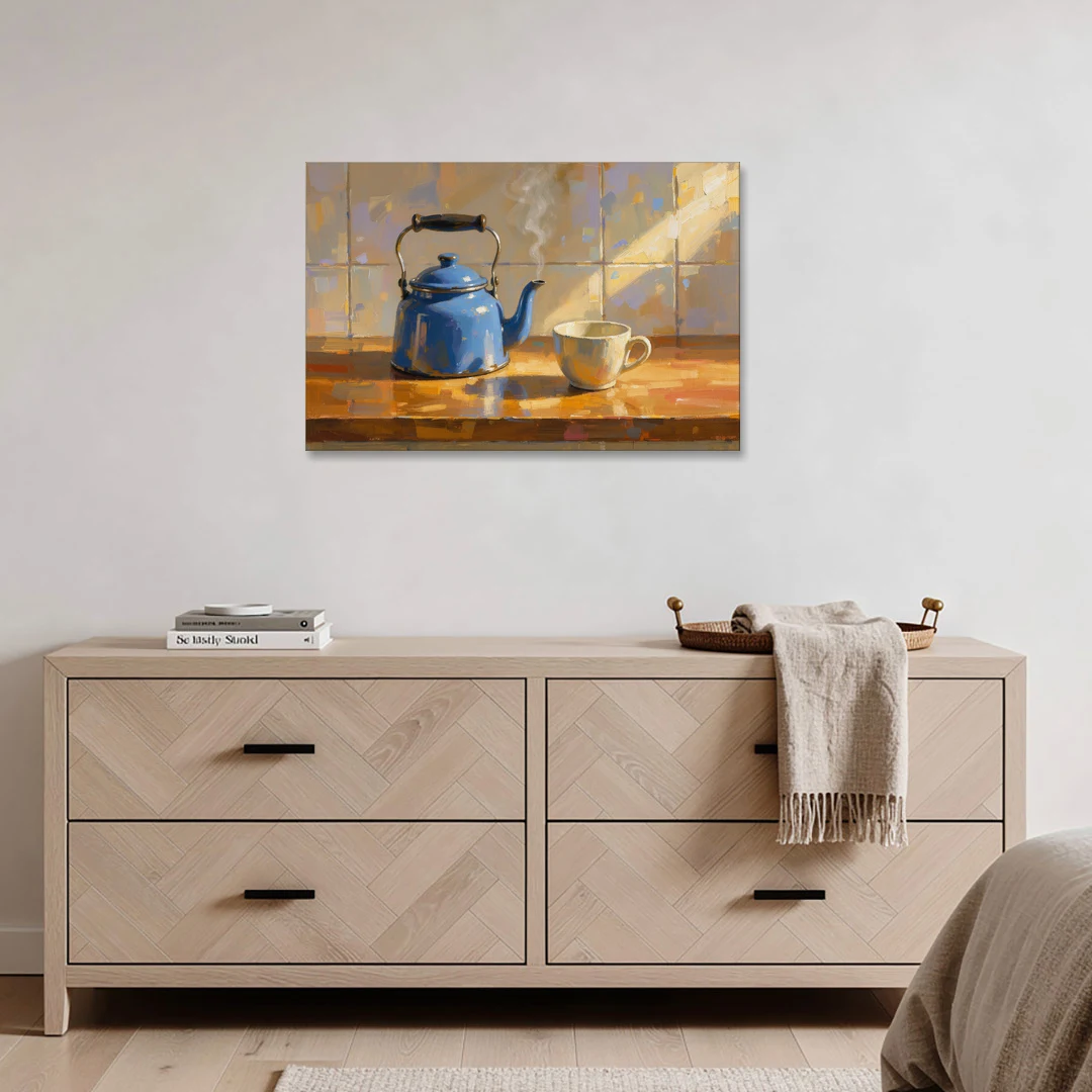 Kitchen Art Prints with a Blue Kettle and Cup - Canvas Wall Art - Coffee Table - 36x24