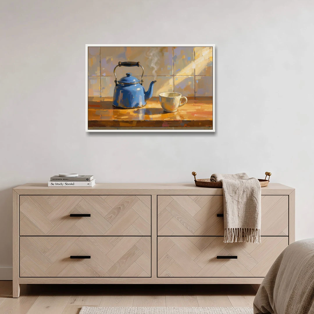 Kitchen Art Prints with a Blue Kettle and Cup - White Framed Canvas Wall Art - Coffee Table - 36x24