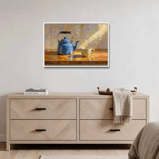 Kitchen Art Prints with a Blue Kettle and Cup - White Framed Canvas Wall Art - Coffee Table - 36x24