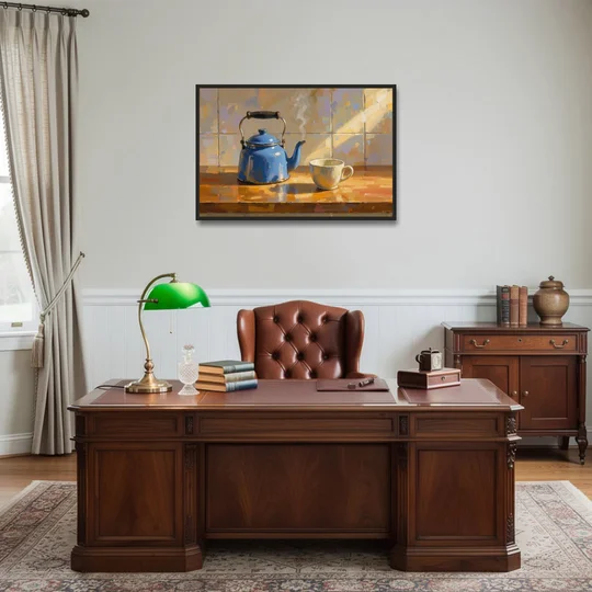 Kitchen Art Prints with a Blue Kettle and Cup - Black Framed Canvas Wall Art - Office - 36x24