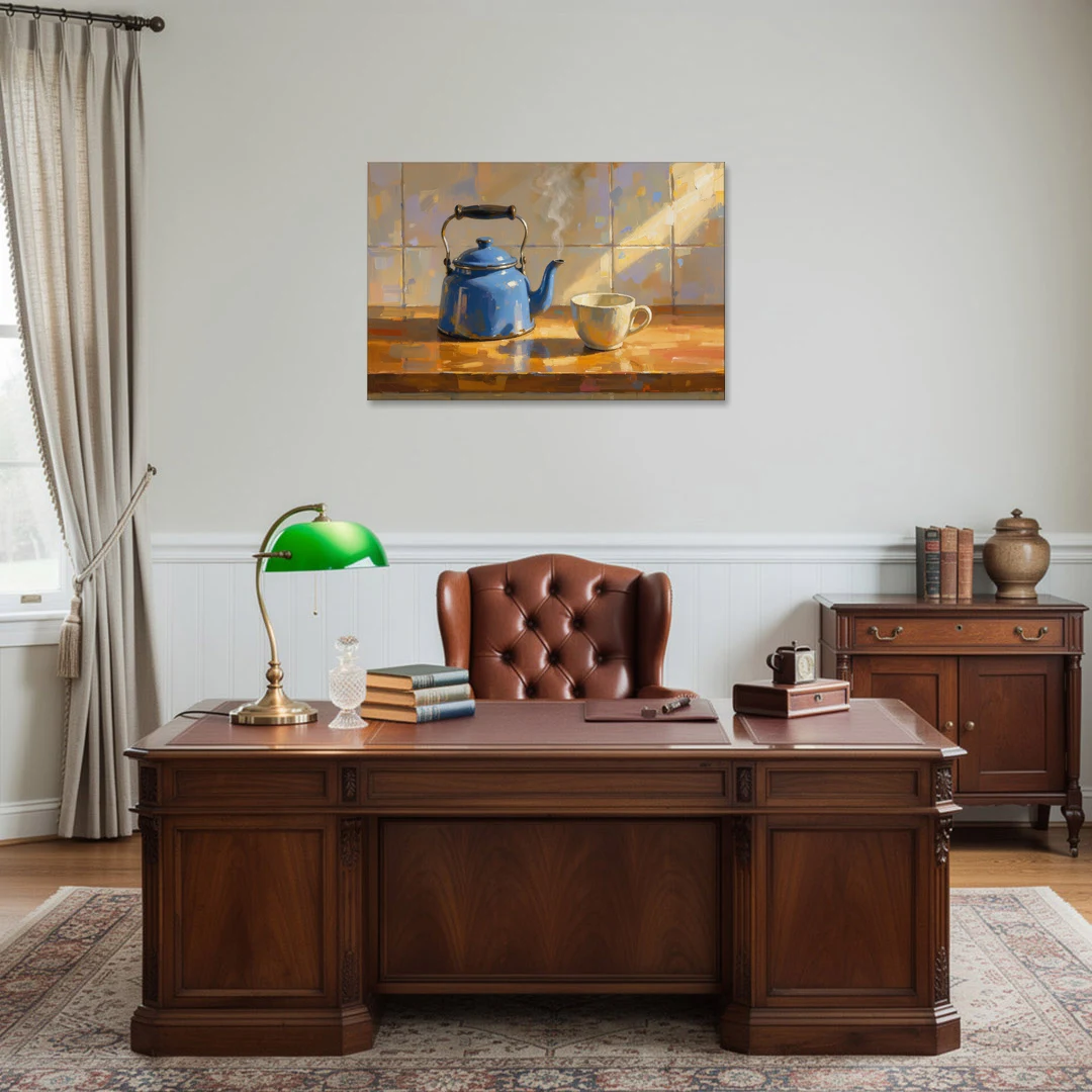 Kitchen Art Prints with a Blue Kettle and Cup - Canvas Wall Art - Office - 36x24