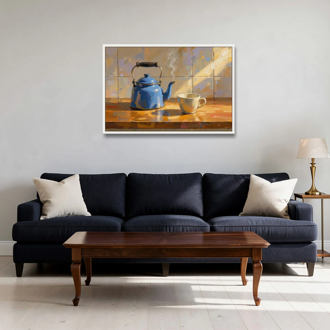 Kitchen Art Prints with a Blue Kettle and Cup - White Framed Canvas Wall Art - Sofa - 36x24