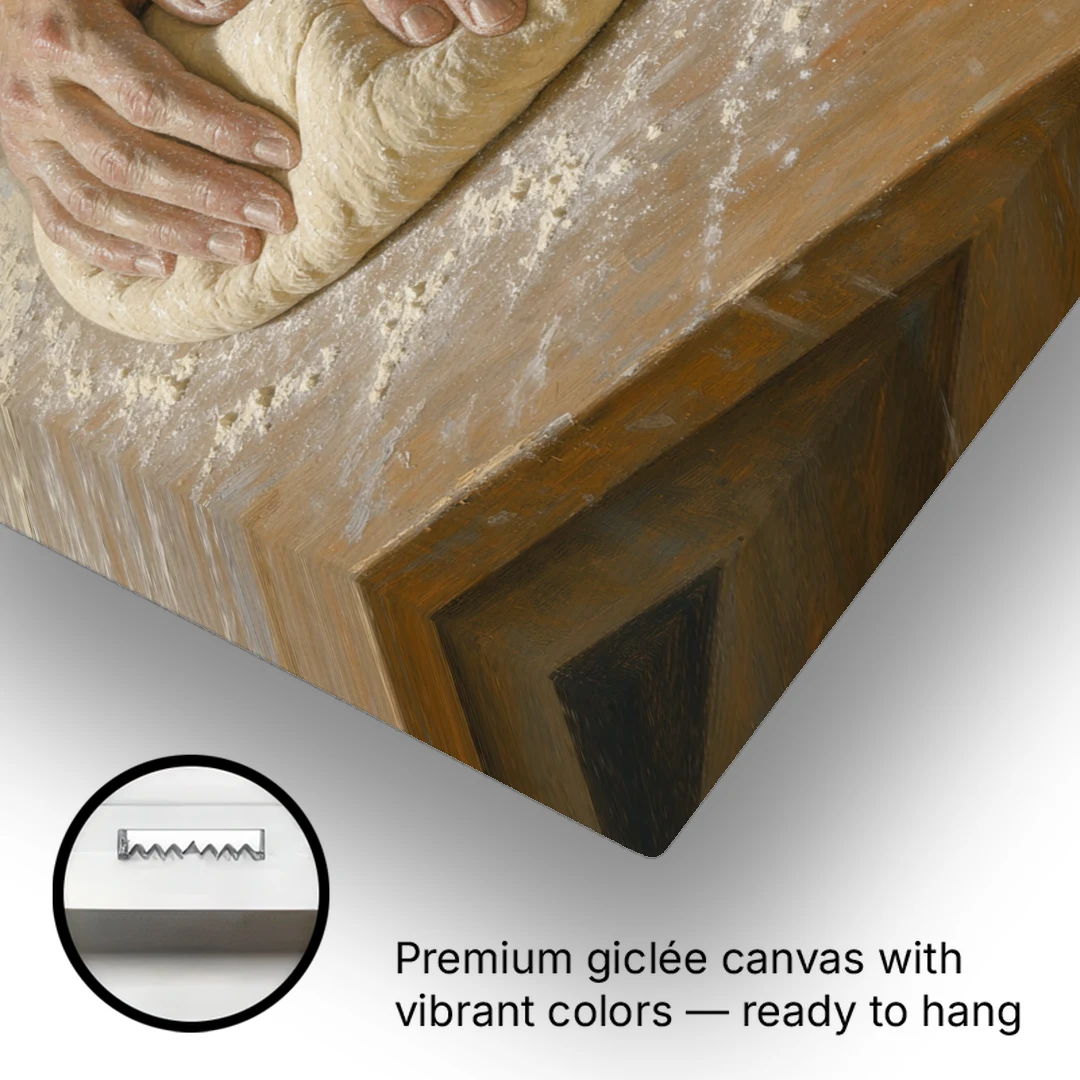 Kitchen Canvas Art of Hands Kneading Bread Dough - Canvas Wall Art - Gallery Wrap Corner