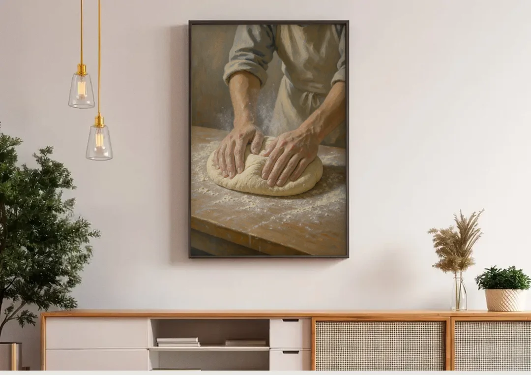 Kitchen Canvas Art of Hands Kneading Bread Dough canvas wall art above a wooden sideboard under pendant lights