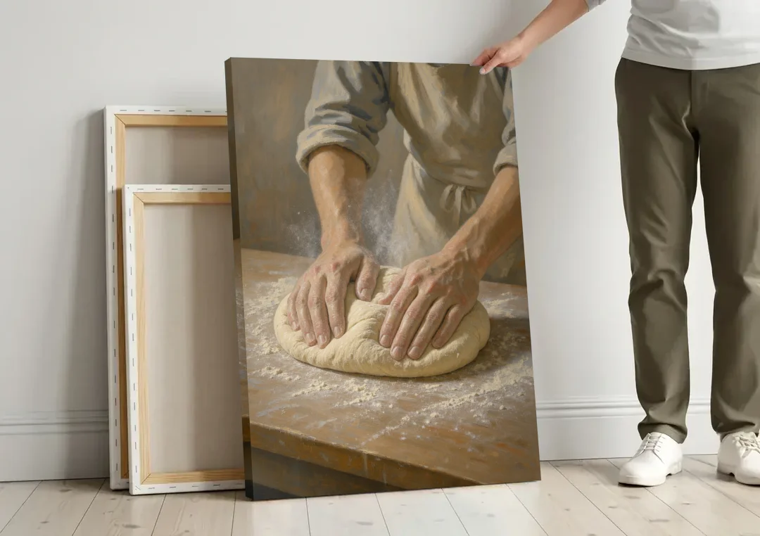 Kitchen Canvas Art of Hands Kneading Bread Dough canvas wall art leaning against a wall next to blank canvases