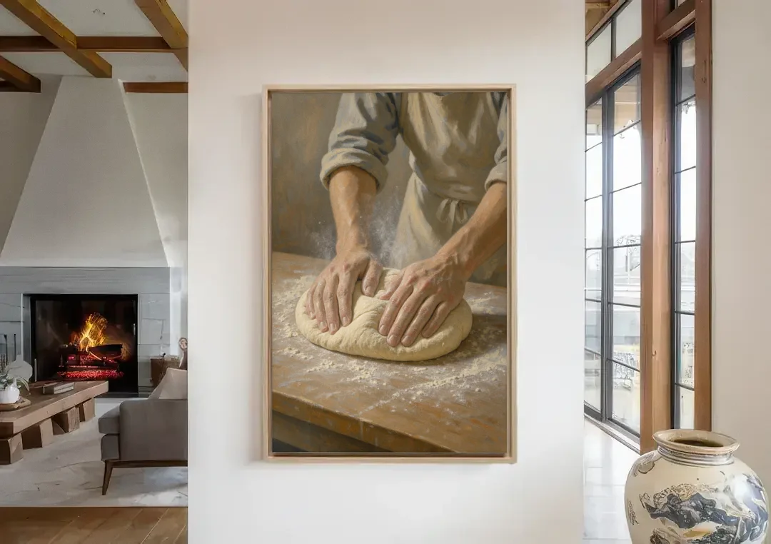 Kitchen Canvas Art of Hands Kneading Bread Dough canvas wall art in a living room with a fireplace