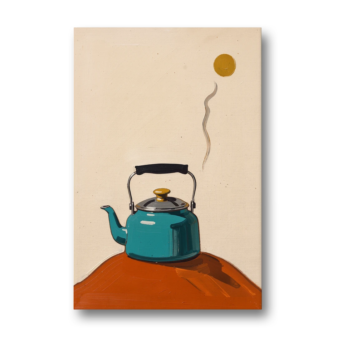Kitchen Canvas Prints Teal Kettle with Steam Curl - Canvas Wall Art - Front