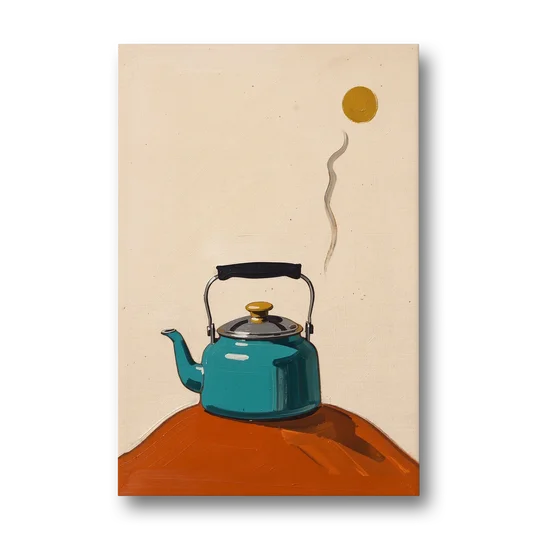 Kitchen Canvas Prints Teal Kettle with Steam Curl - Canvas Wall Art - Front