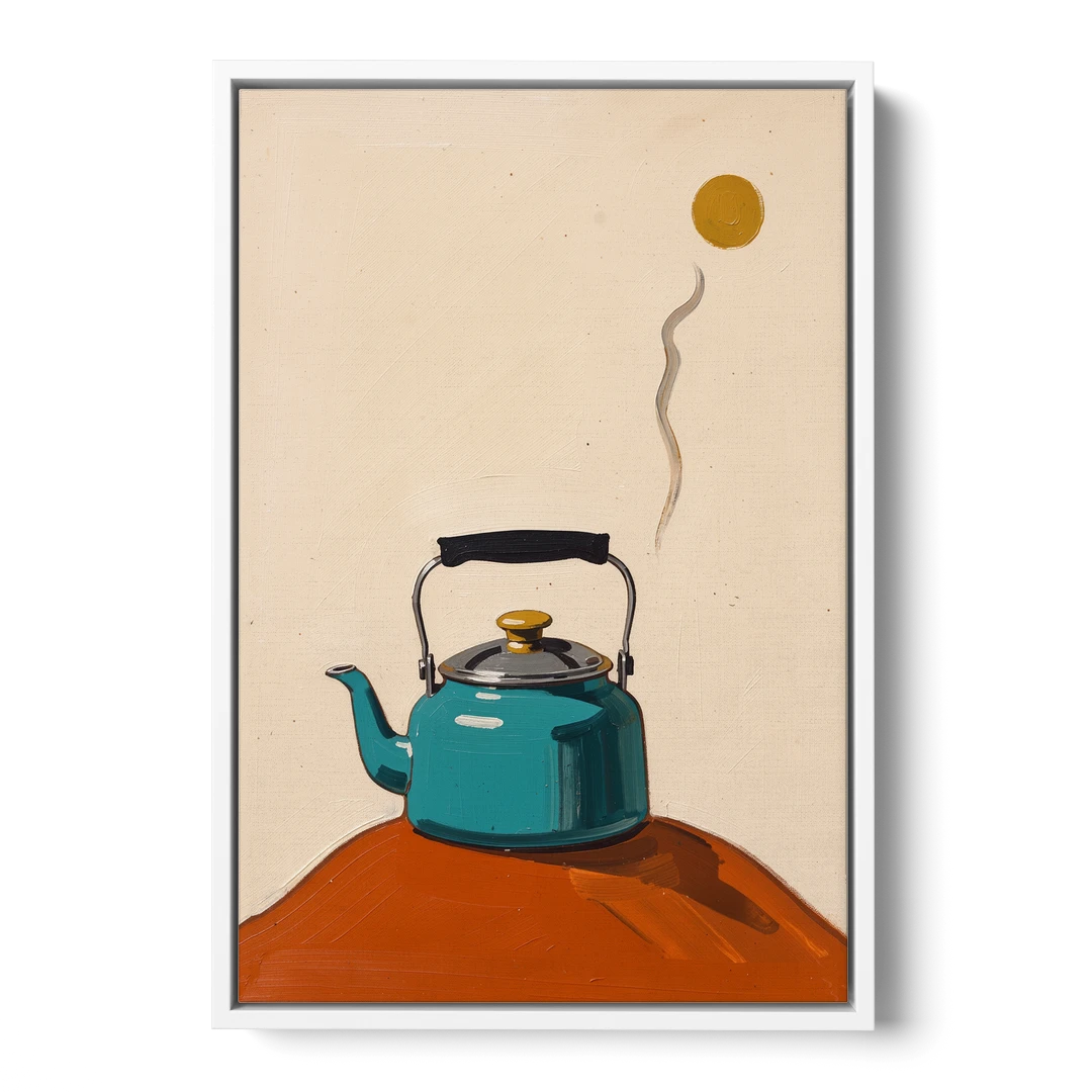 Kitchen Canvas Prints Teal Kettle with Steam Curl - White Framed Canvas Wall Art - Front
