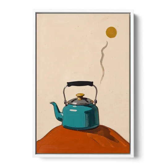 Kitchen Canvas Prints Teal Kettle with Steam Curl - White Framed Canvas Wall Art - Front