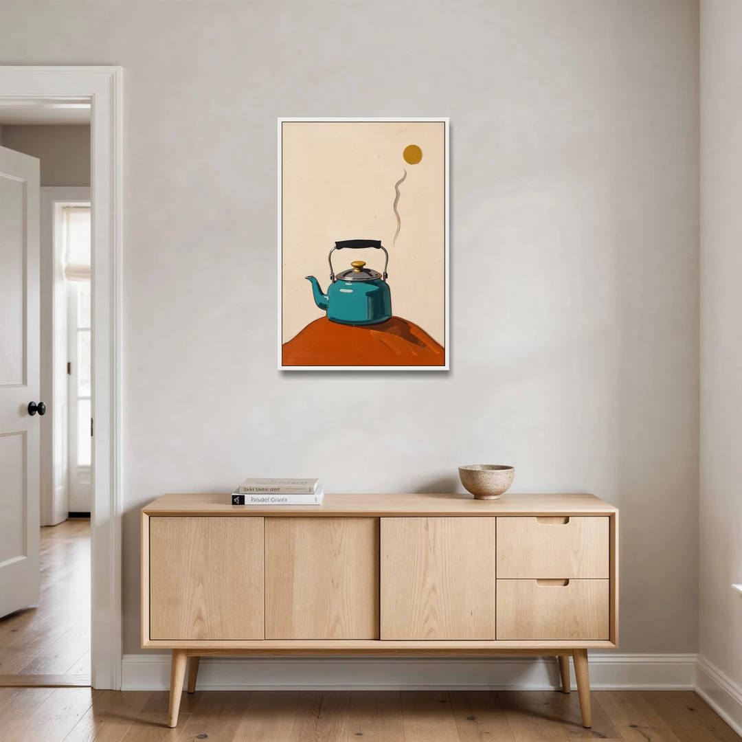 Kitchen Canvas Prints Teal Kettle with Steam Curl - White Framed Canvas Wall Art - Coffee Table - 24x36