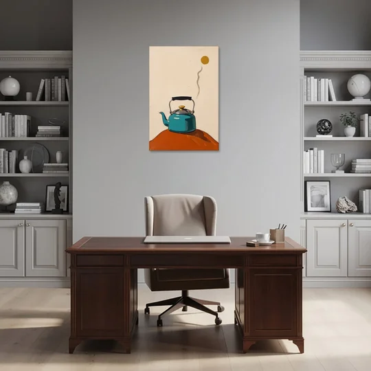 Kitchen Canvas Prints Teal Kettle with Steam Curl - Canvas Wall Art - Office - 24x36