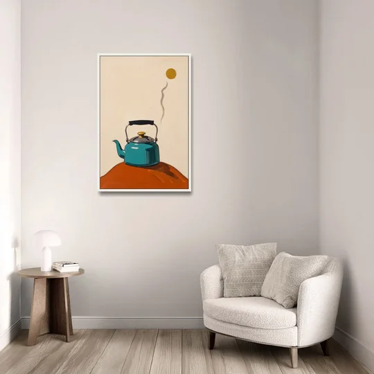 Kitchen Canvas Prints Teal Kettle with Steam Curl - White Framed Canvas Wall Art - Sofa - 24x36