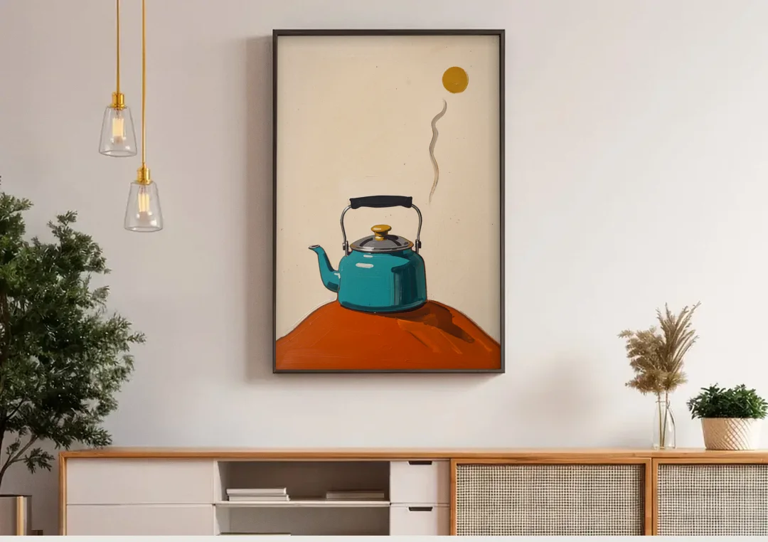 Kitchen Canvas Prints Teal Kettle with Steam Curl canvas wall art above a wooden sideboard under pendant lights