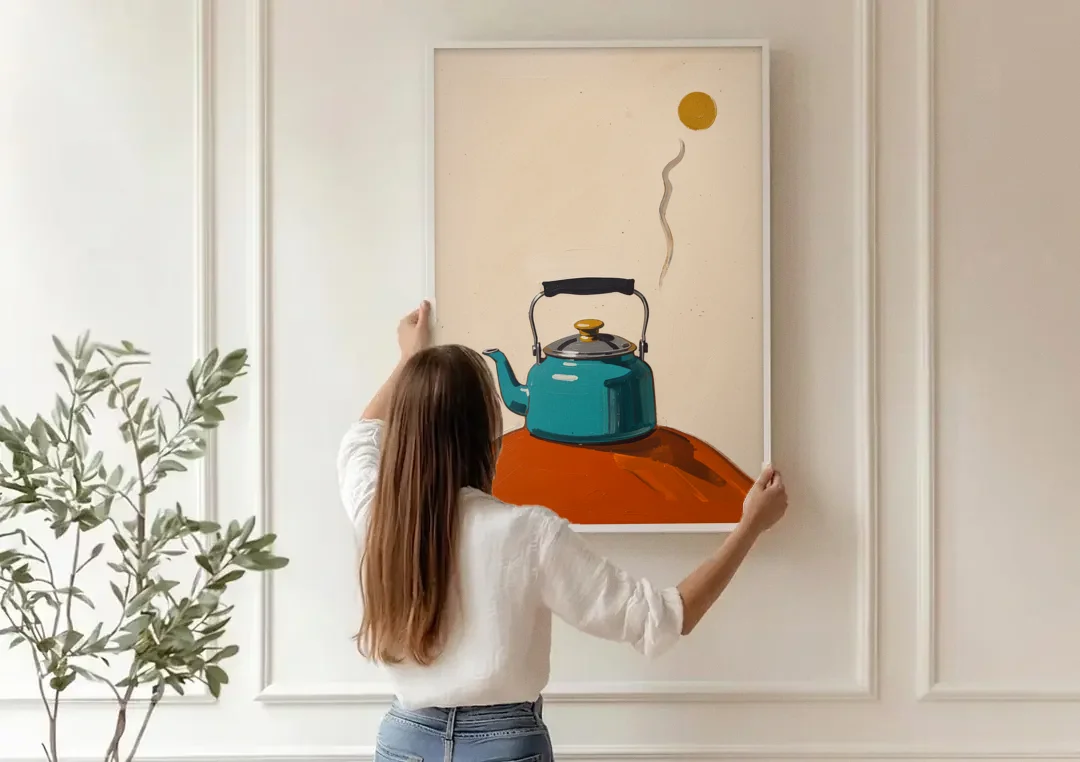 Kitchen Canvas Prints Teal Kettle with Steam Curl canvas wall art being hung on a paneled wall