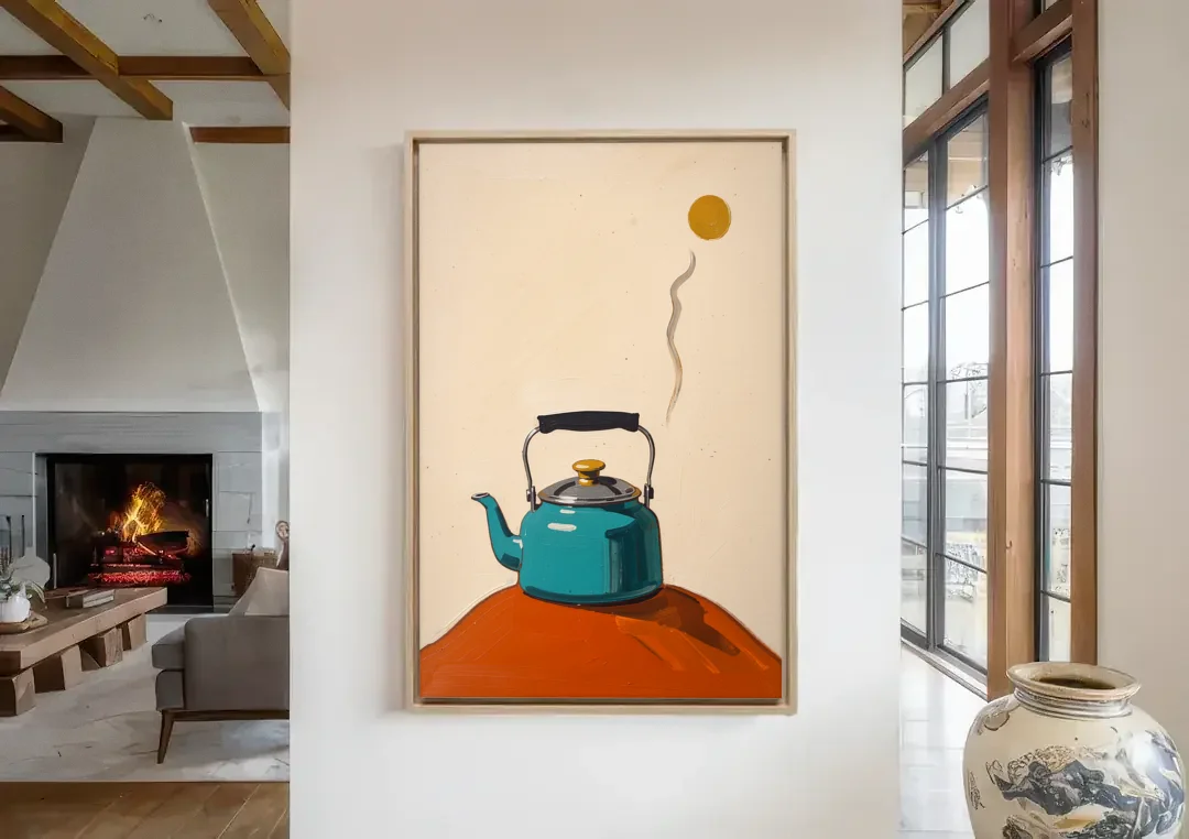 Kitchen Canvas Prints Teal Kettle with Steam Curl canvas wall art in a living room with a fireplace