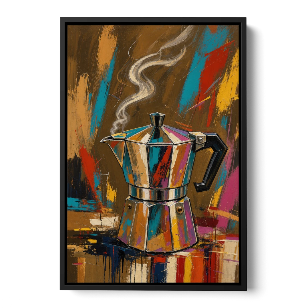 Kitchen Coffee Wall Art of a Steaming Moka Pot - Black Framed Canvas Wall Art - Front