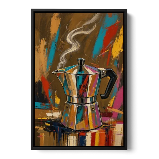 Kitchen Coffee Wall Art of a Steaming Moka Pot - Black Framed Canvas Wall Art - Front
