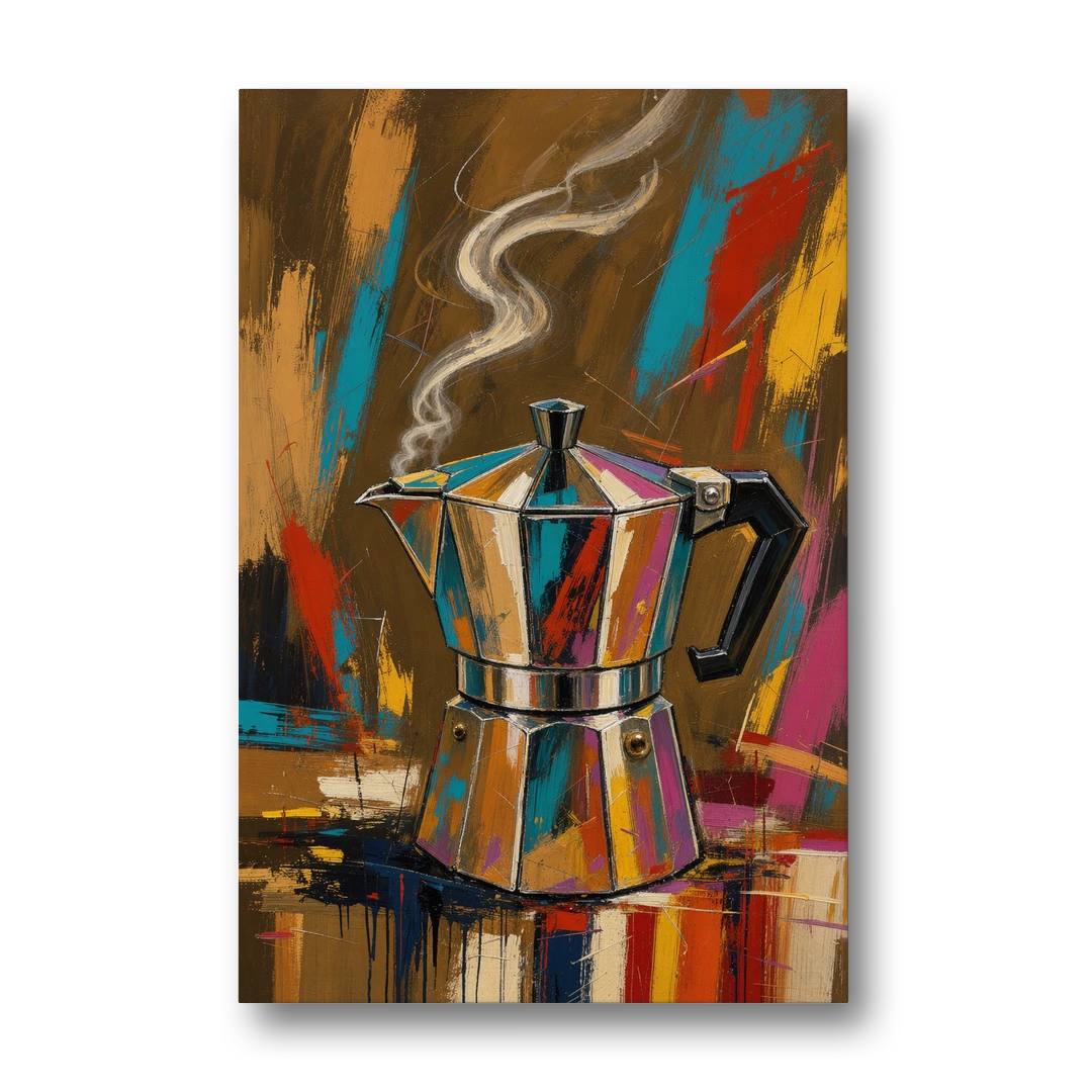 Kitchen Coffee Wall Art of a Steaming Moka Pot - Canvas Wall Art - Front