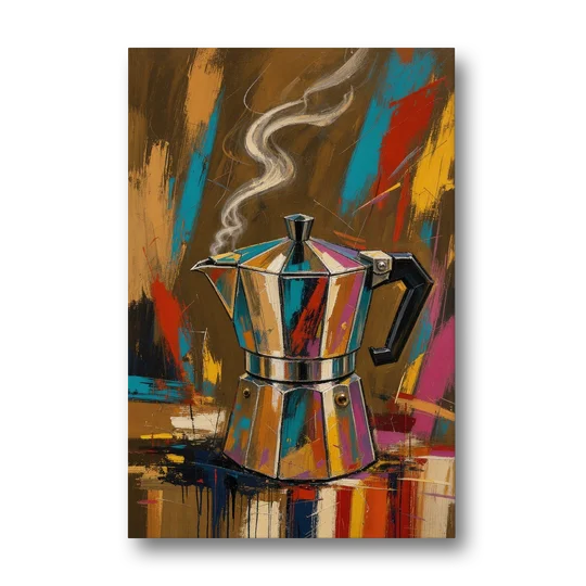 Kitchen Coffee Wall Art of a Steaming Moka Pot - Canvas Wall Art - Front