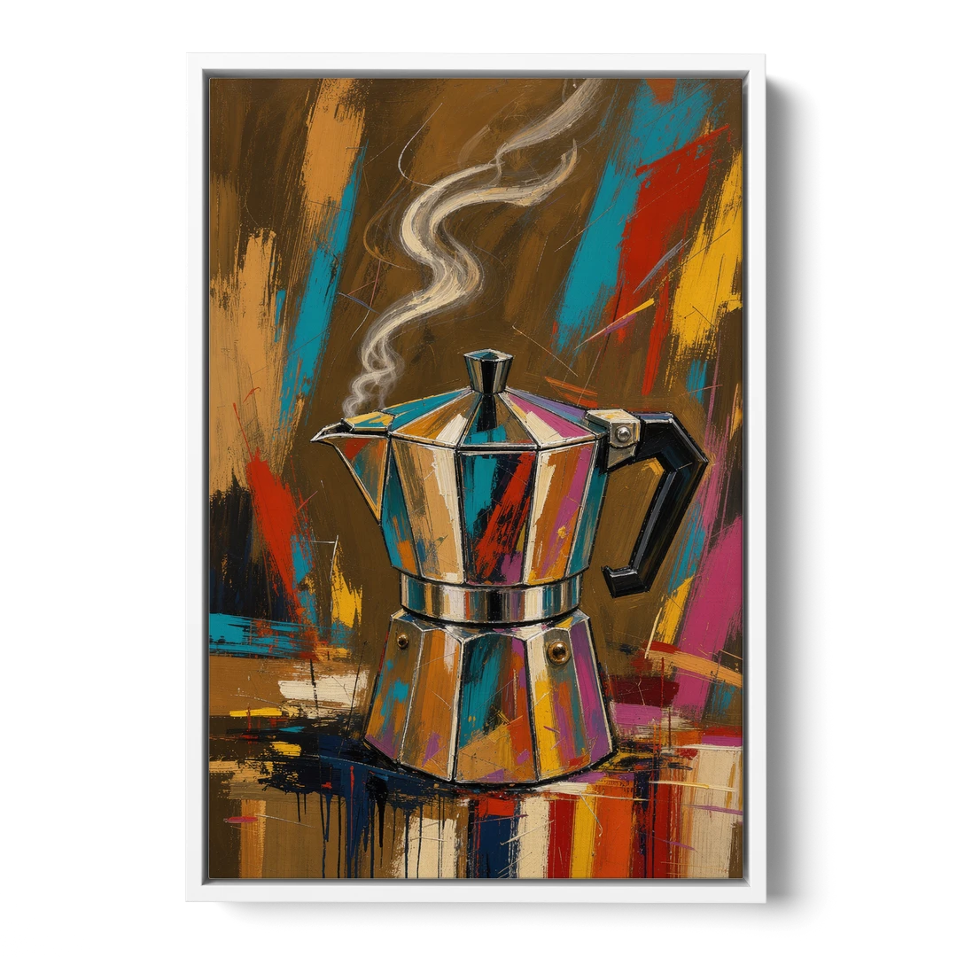 Kitchen Coffee Wall Art of a Steaming Moka Pot - White Framed Canvas Wall Art - Front
