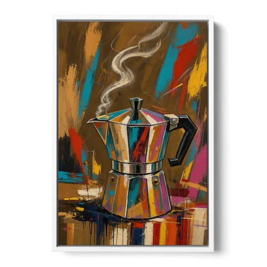 Kitchen Coffee Wall Art of a Steaming Moka Pot - White Framed Canvas Wall Art - Front
