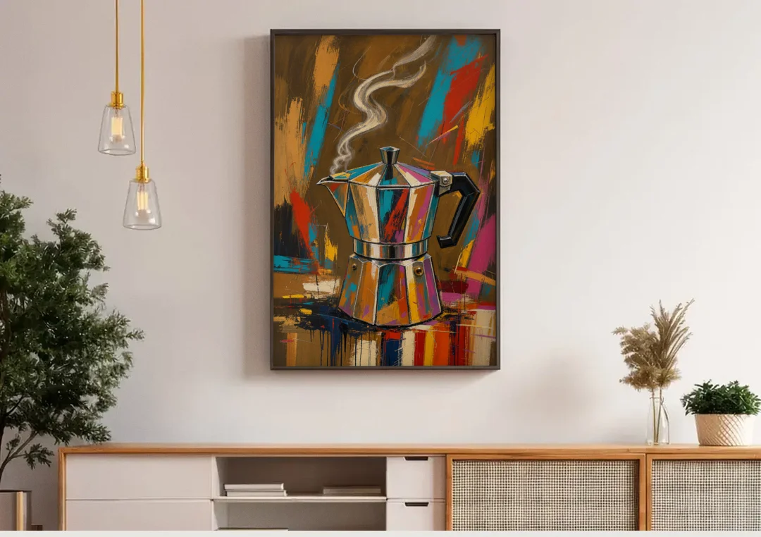 Kitchen Coffee Wall Art of a Steaming Moka Pot canvas wall art above a wooden sideboard under pendant lights