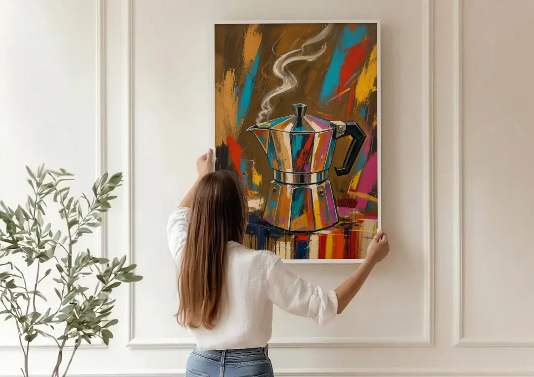 Kitchen Coffee Wall Art of a Steaming Moka Pot canvas wall art being hung on a paneled wall
