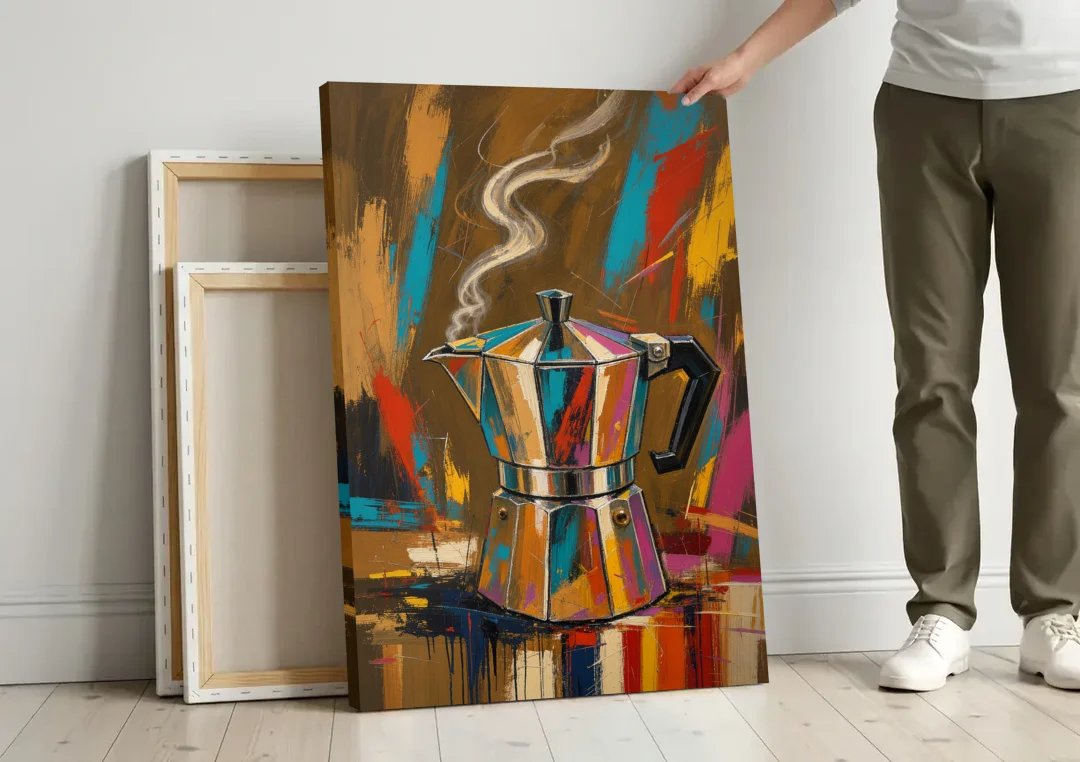 Kitchen Coffee Wall Art of a Steaming Moka Pot canvas wall art leaning against a wall next to blank canvases