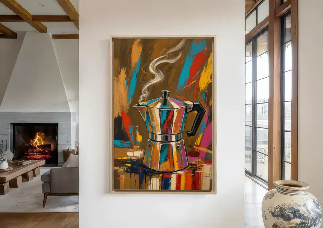 Kitchen Coffee Wall Art of a Steaming Moka Pot canvas wall art in a living room with a fireplace