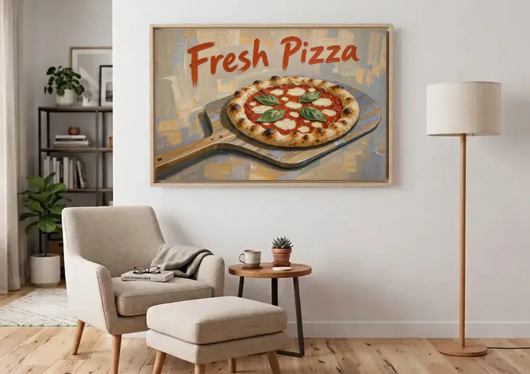 Kitchen Painting Fresh Pizza on a Wooden Peel canvas wall art above an armchair in a bright living room
