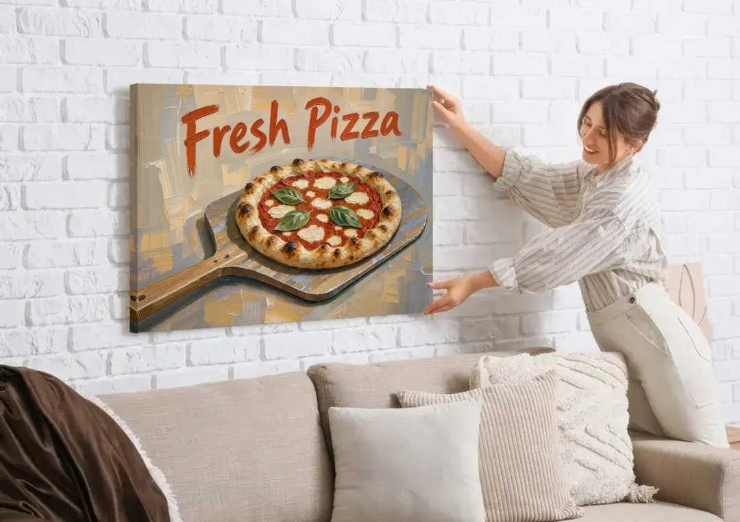 Kitchen Painting Fresh Pizza on a Wooden Peel canvas wall art being hung on a white brick wall above a sofa