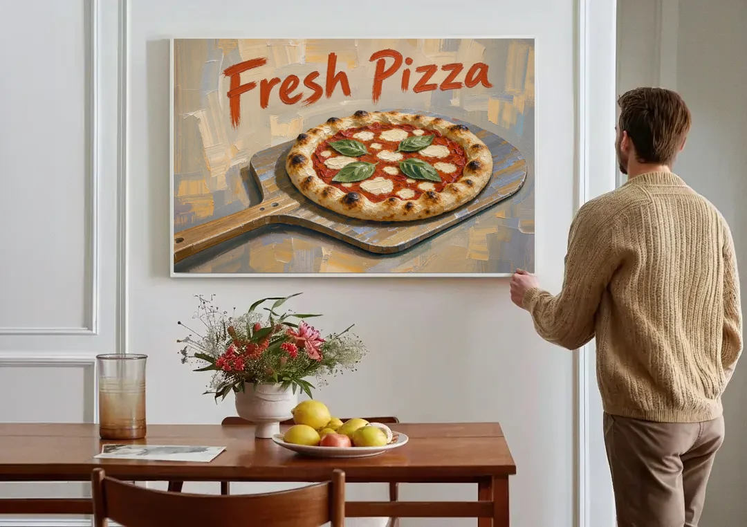 Kitchen Painting Fresh Pizza on a Wooden Peel canvas wall art above a dining table