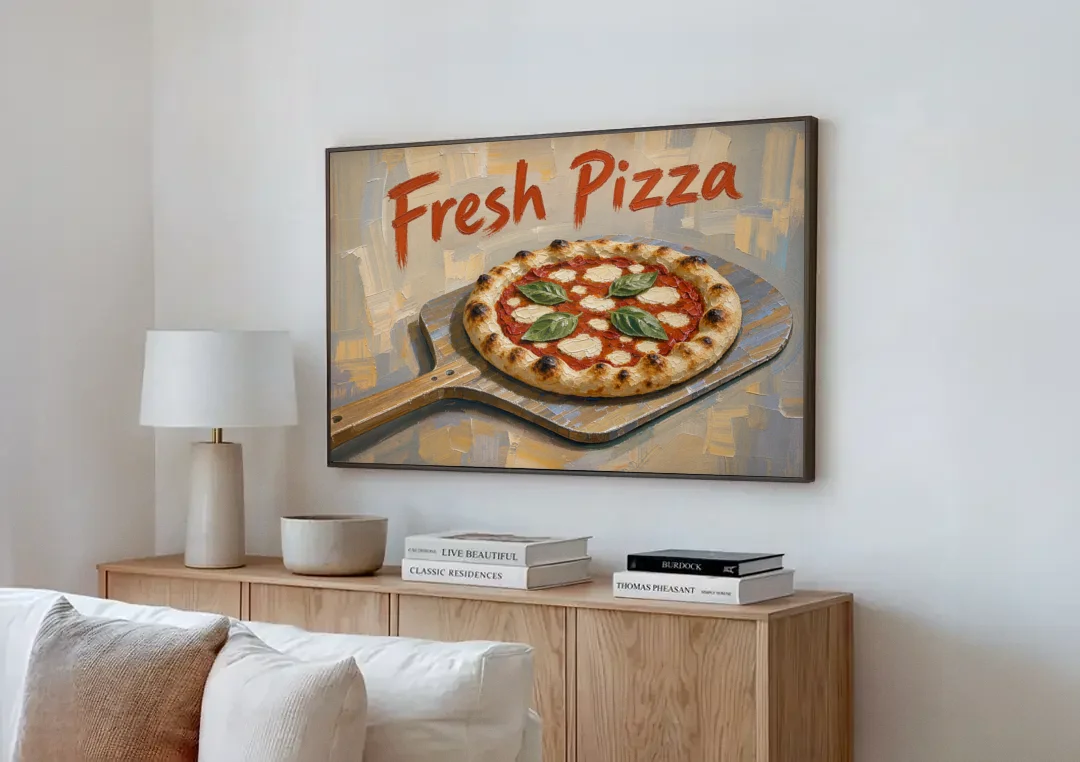 Kitchen Painting Fresh Pizza on a Wooden Peel canvas wall art above a wooden sideboard next to a sofa