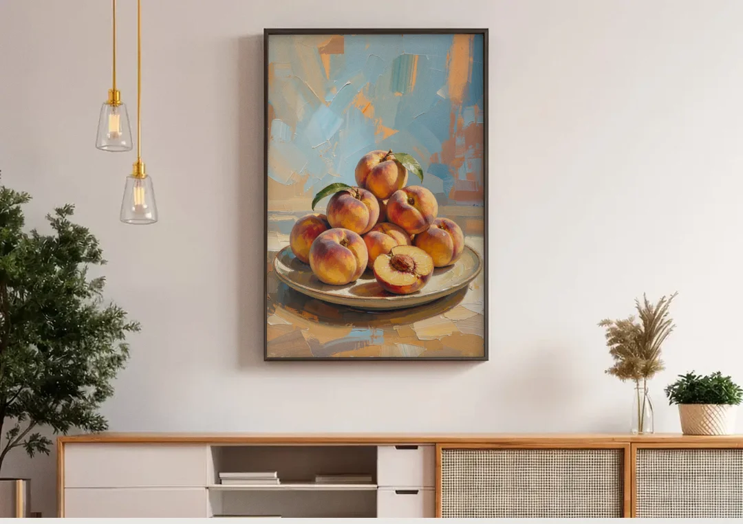 Kitchen Paintings Sunlit Peach Pile canvas wall art above a wooden sideboard under pendant lights