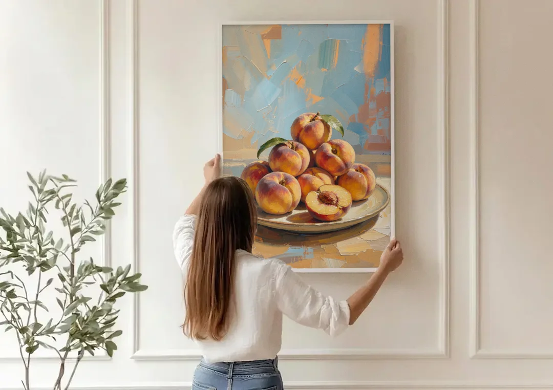 Kitchen Paintings Sunlit Peach Pile canvas wall art being hung on a paneled wall