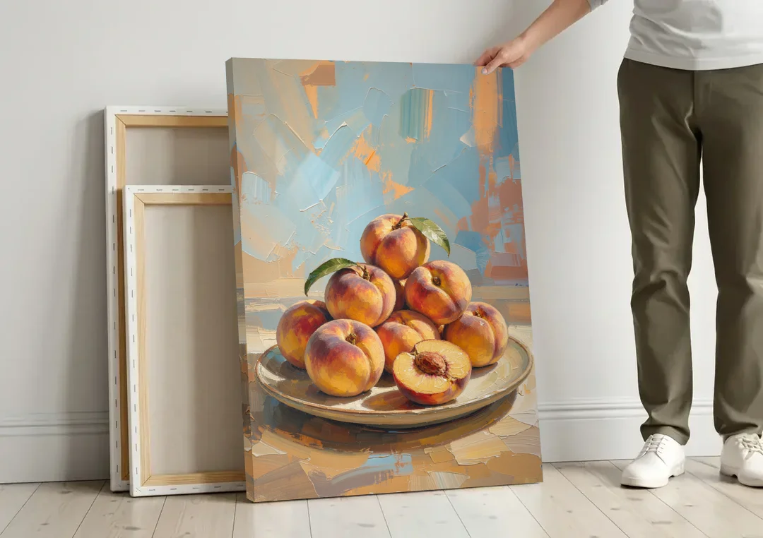 Kitchen Paintings Sunlit Peach Pile canvas wall art leaning against a wall next to blank canvases