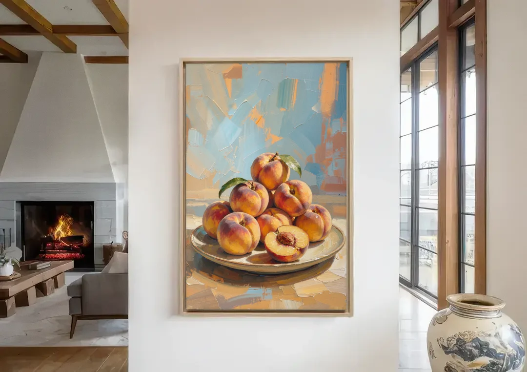 Kitchen Paintings Sunlit Peach Pile canvas wall art in a living room with a fireplace
