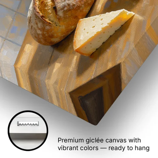 Kitchen Table Painting with Bread, Olives and Wine - Canvas Wall Art - Gallery Wrap Corner