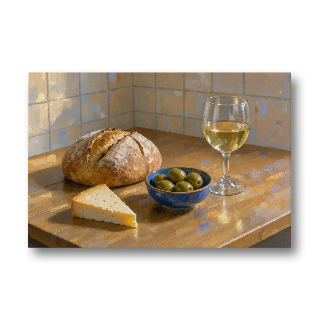 Kitchen Table Painting with Bread, Olives and Wine - Canvas Wall Art - Front
