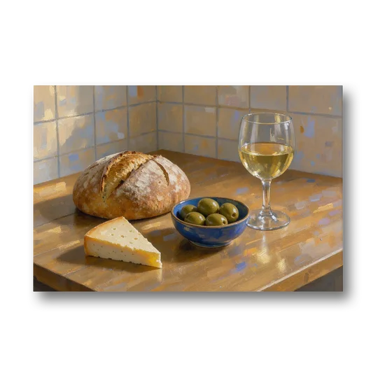 Kitchen Table Painting with Bread, Olives and Wine - Canvas Wall Art - Front