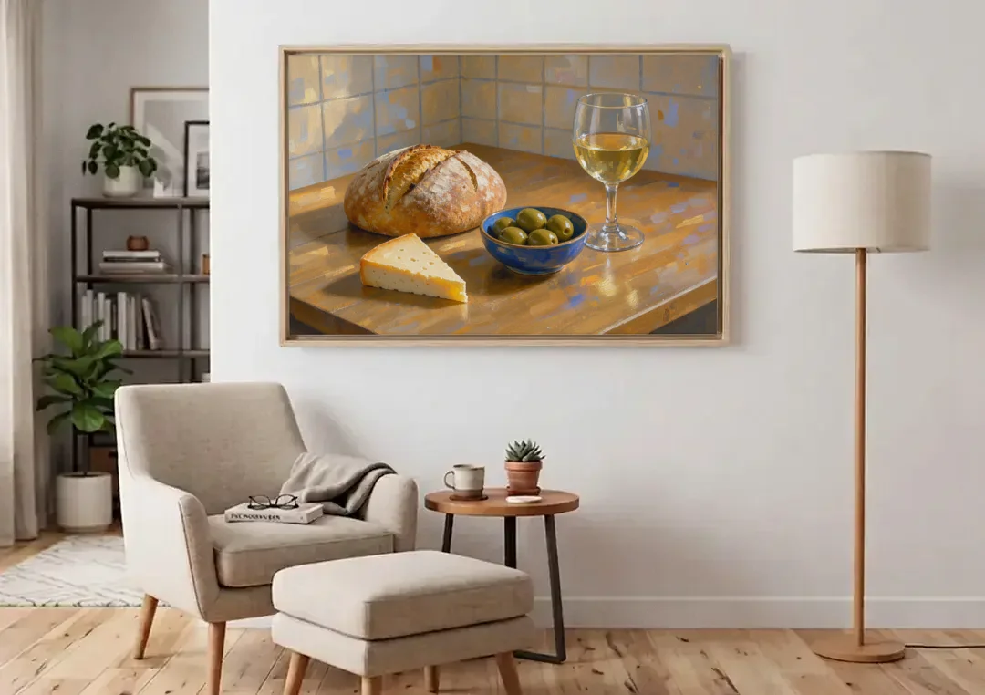 Kitchen Table Painting with Bread, Olives and Wine canvas wall art above an armchair in a bright living room