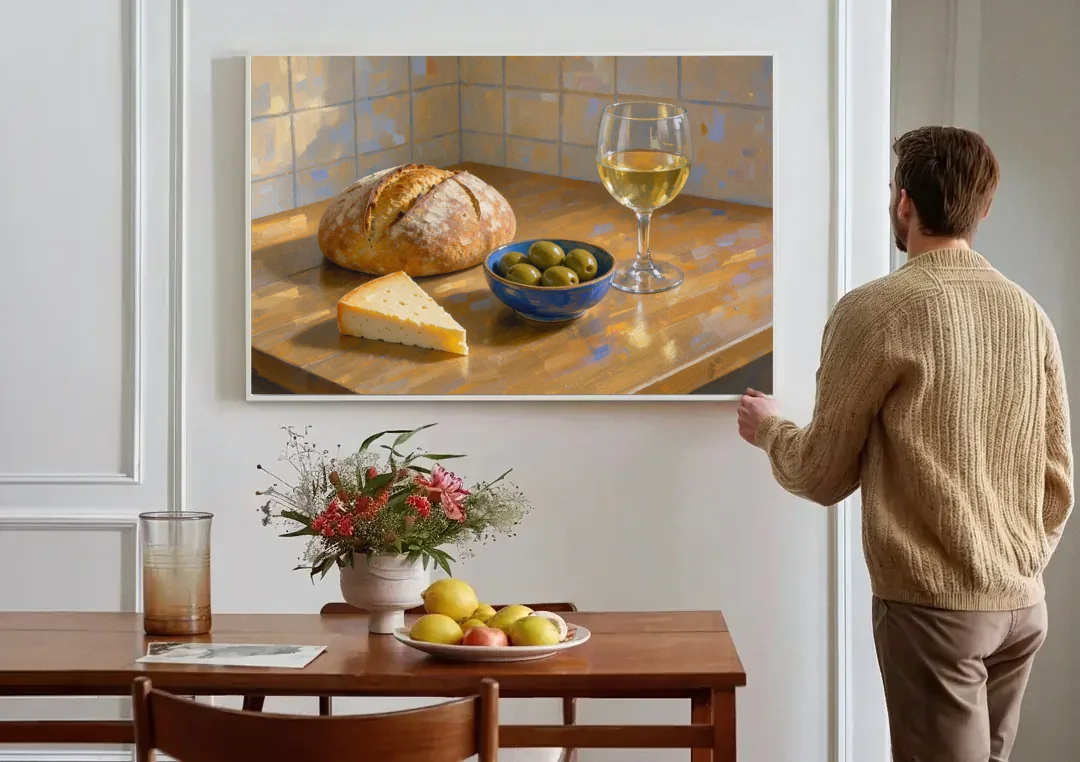 Kitchen Table Painting with Bread, Olives and Wine canvas wall art above a dining table