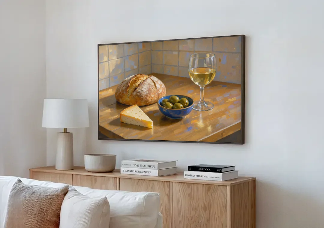 Kitchen Table Painting with Bread, Olives and Wine canvas wall art above a wooden sideboard next to a sofa