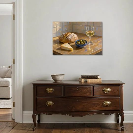 Kitchen Table Painting with Bread, Olives and Wine - Canvas Wall Art - Coffee Table - 36x24